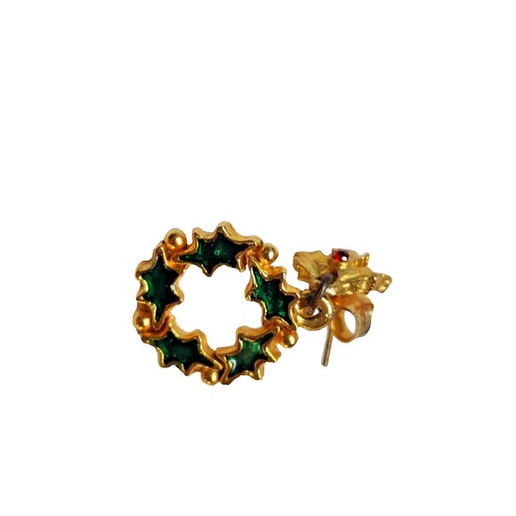Vintage Rhinestone Christmas Wreath Earrings Dangling Stud Style Green, Gold - Picture 5 of 5
